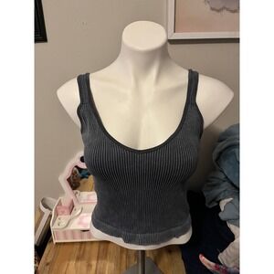 Bella Seamless Women Charcoal Gray Ribbed V-Neck Cropped Tank Top V1010 Size L